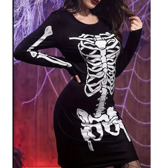 💙3/$60💙Halloween Skeleton Long Sleeve Dress Mini Fitted size 14 - Picture 4 of 7